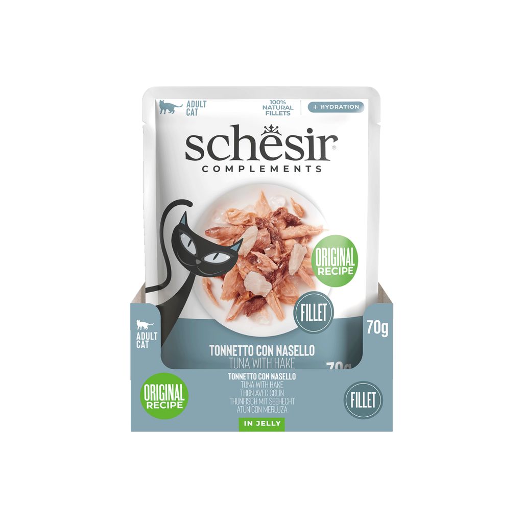 Schesir Cat Wet Food Tuna & Hake 70g – 12 Pack Pouches, Complements in Jelly