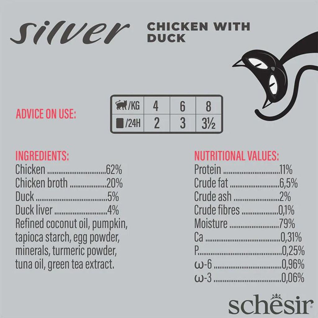 Schesir Silver Mousse & Fillets Senior Cat Wholefood Chicken with Duck 70g – Pack of 12