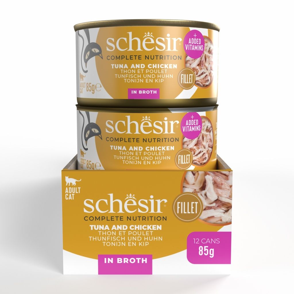 Schesir Cat Wet Food Tuna & Chicken 85g – 12 Pack Cans, Complete & Balanced in Broth