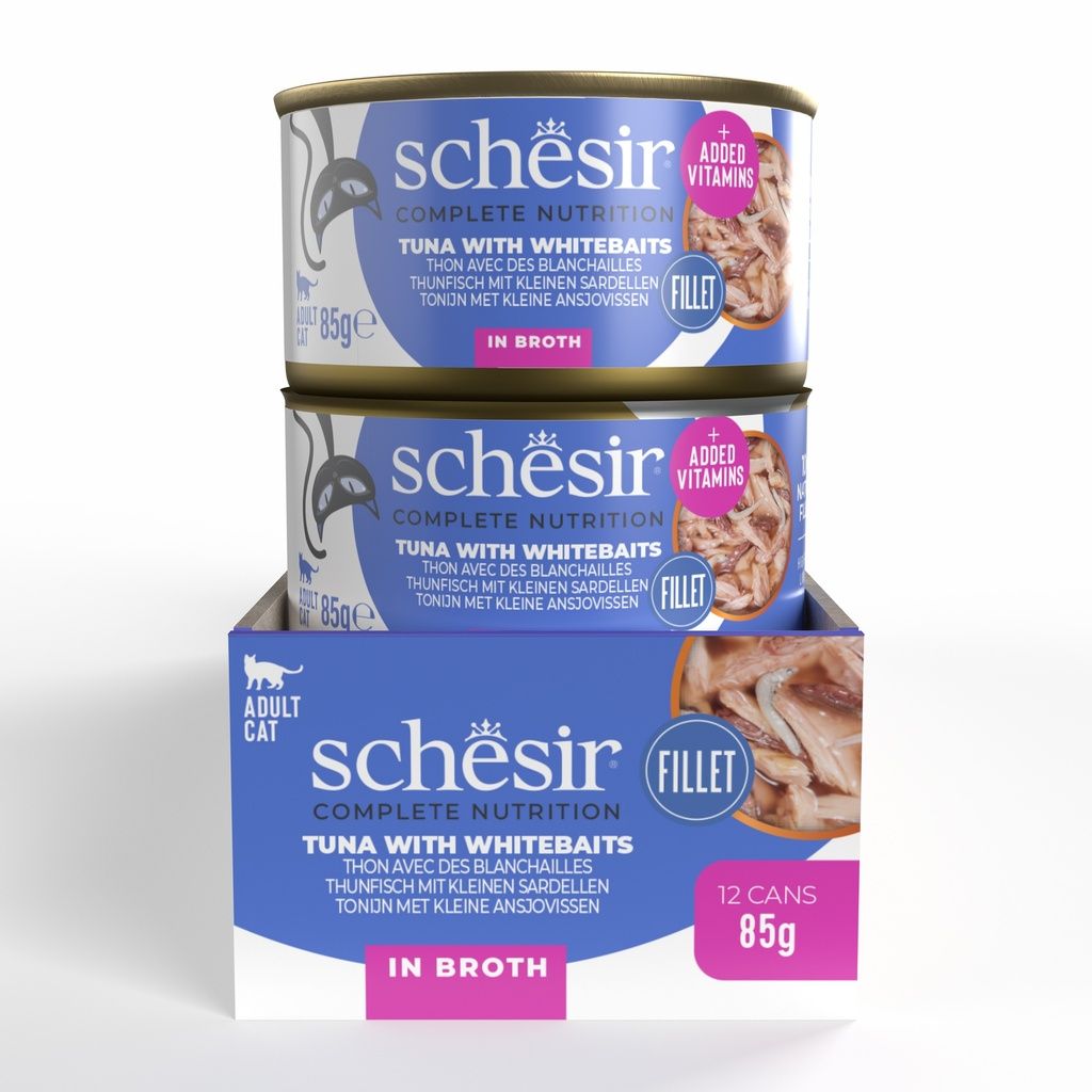 Schesir Cat Wet Food Tuna & Whitebait 85g – 12 Pack Cans, Complete & Balanced in Broth