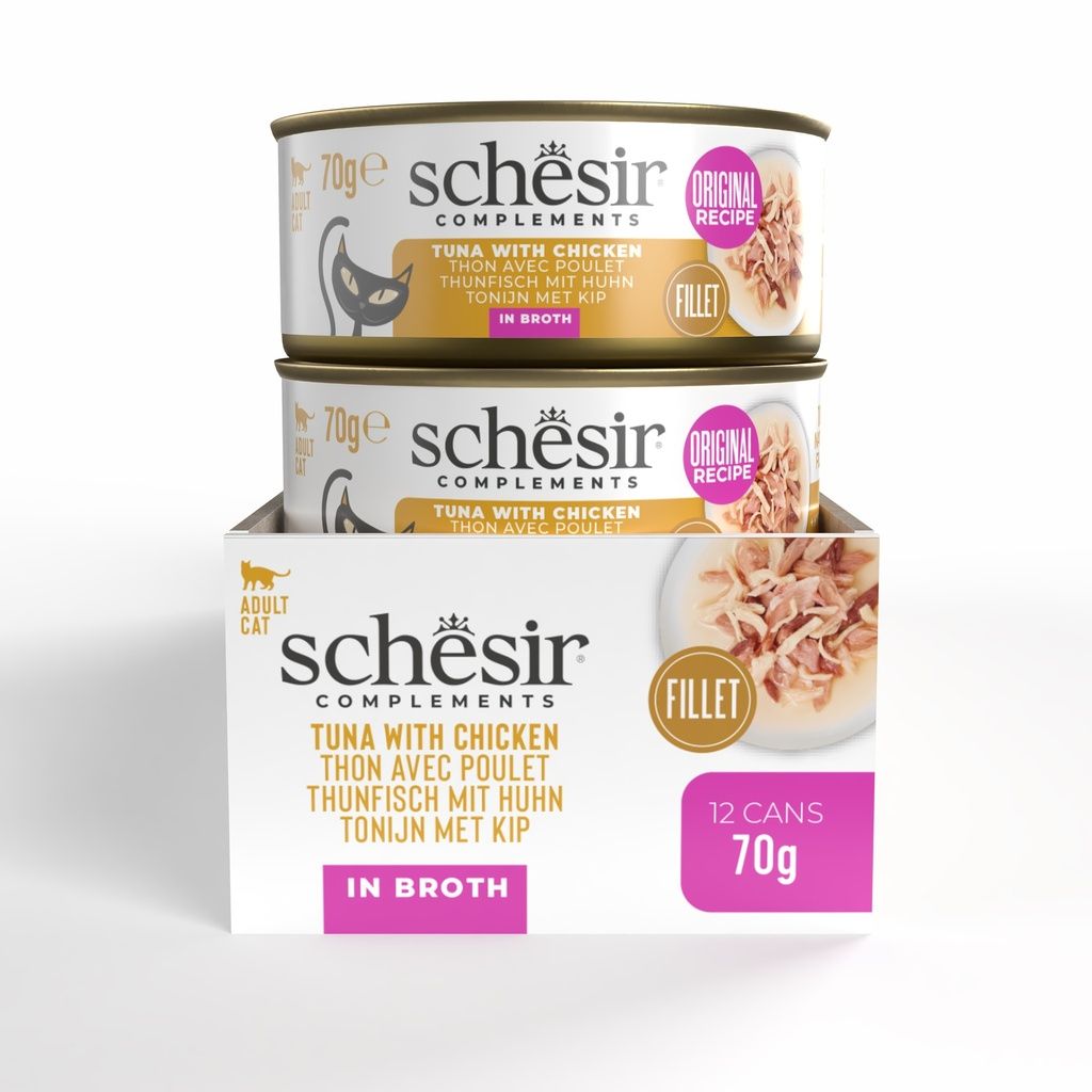 Schesir Wet Cat Food in Broth – Tuna & Chicken 70g | 12 Pack Premium Meal