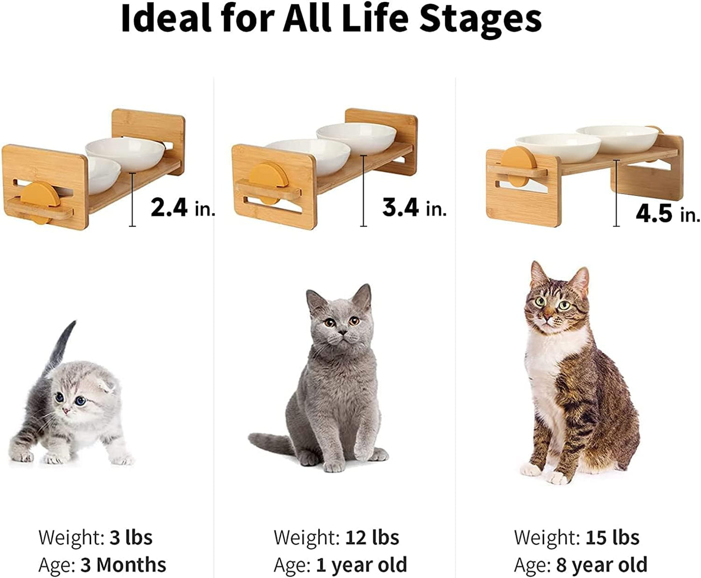 Elevated Ceramic Pet Bowl – Adjustable Wooden Stand, 4-Level Tilt for Cats & Small Dogs