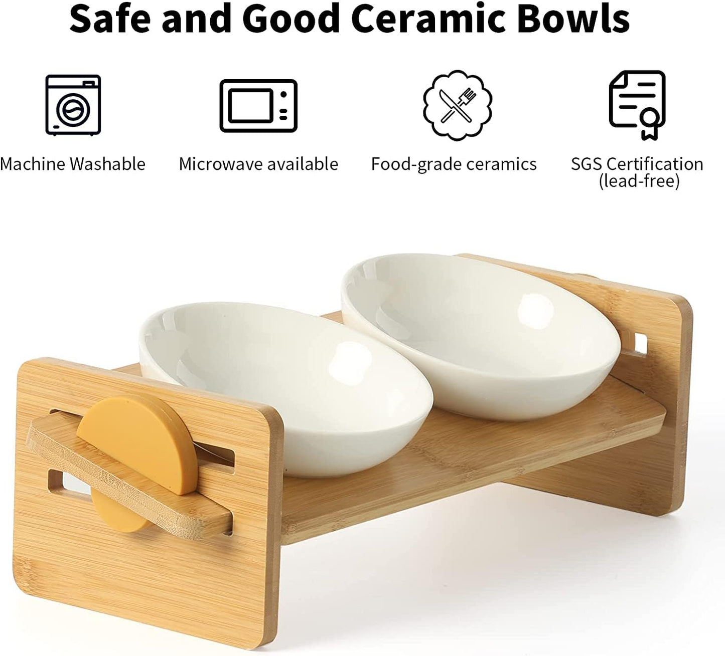 Elevated Ceramic Pet Bowl – Adjustable Wooden Stand, 4-Level Tilt for Cats & Small Dogs