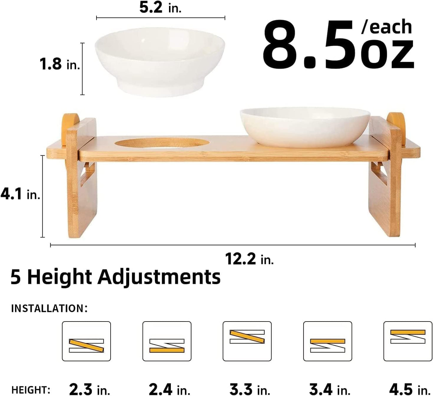Elevated Ceramic Pet Bowl – Adjustable Wooden Stand, 4-Level Tilt for Cats & Small Dogs