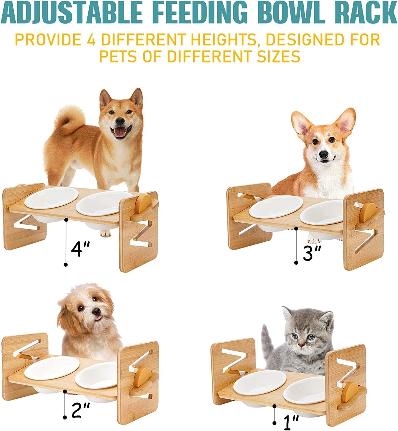 Elevated Ceramic Pet Bowl – Adjustable Wooden Stand, 4-Level Tilt for Cats & Small Dogs