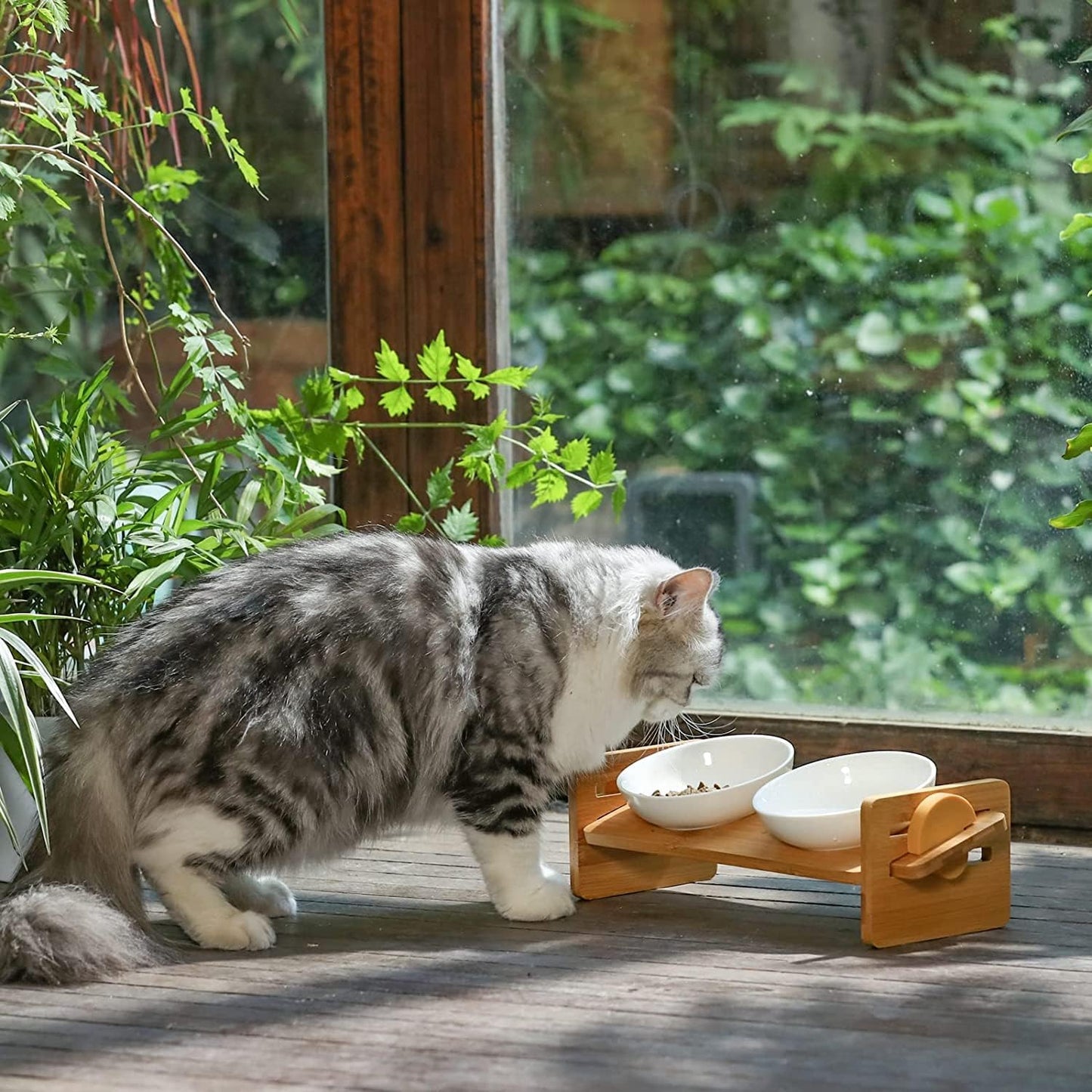 Elevated Ceramic Pet Bowl – Adjustable Wooden Stand, 4-Level Tilt for Cats & Small Dogs