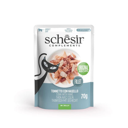 Schesir Cat Wet Food Tuna & Hake 70g – 12 Pack Pouches, Complements in Jelly