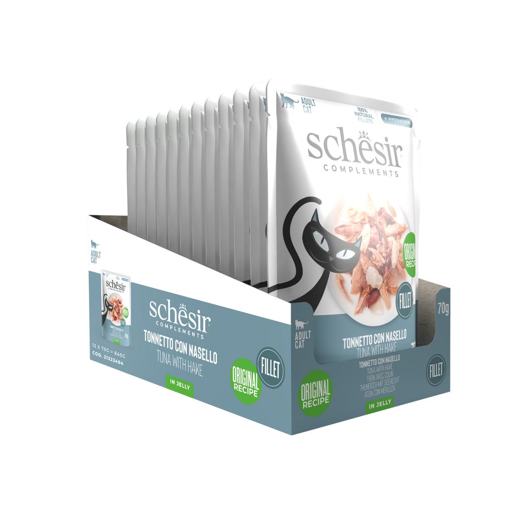 Schesir Cat Wet Food Tuna & Hake 70g – 12 Pack Pouches, Complements in Jelly