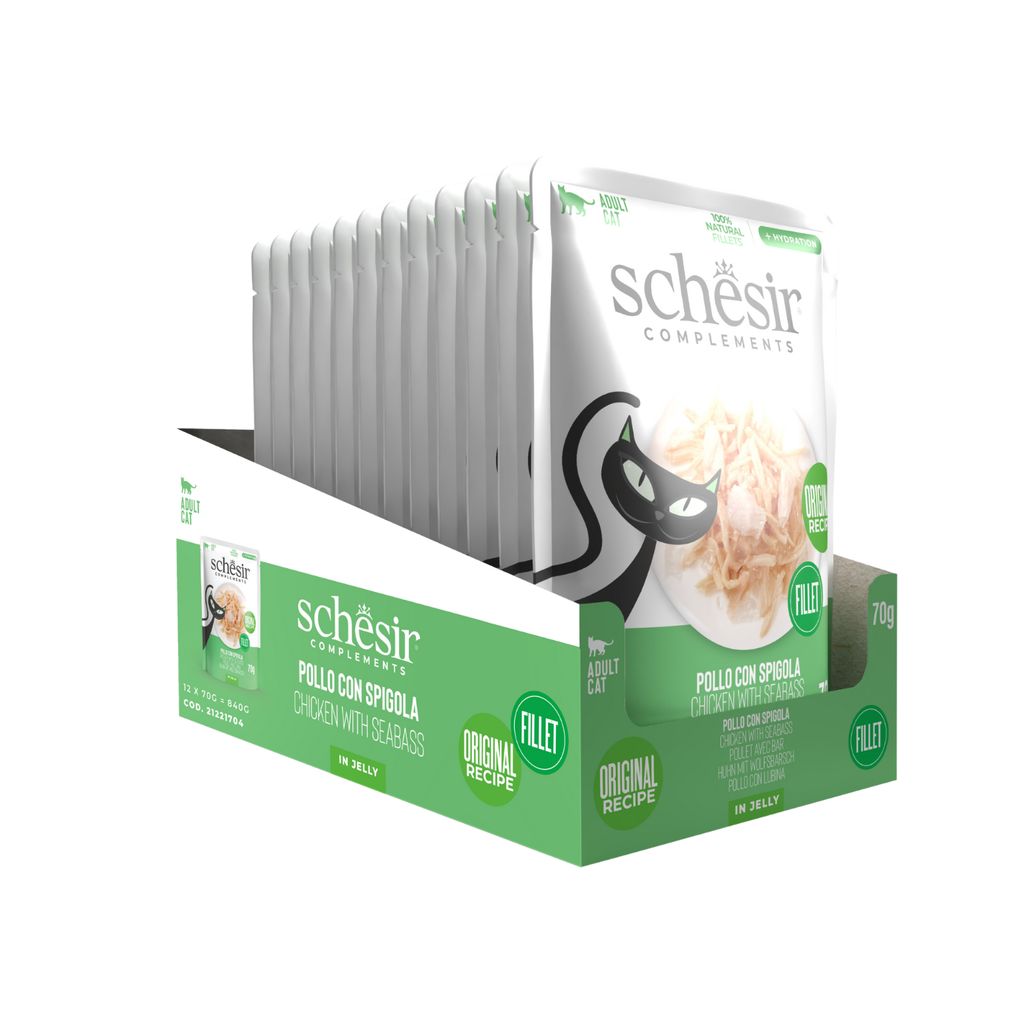 Schesir Complements Wet Cat Food in Jelly 70g – Chicken with Seabass, 12PC