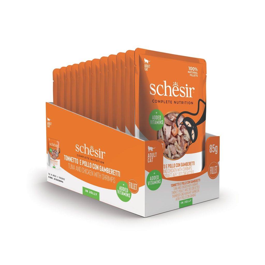 Schesir Cat Wet Food Tuna & Chicken with Shrimp 85g – 12 Pack Pouches, Complete & Balanced