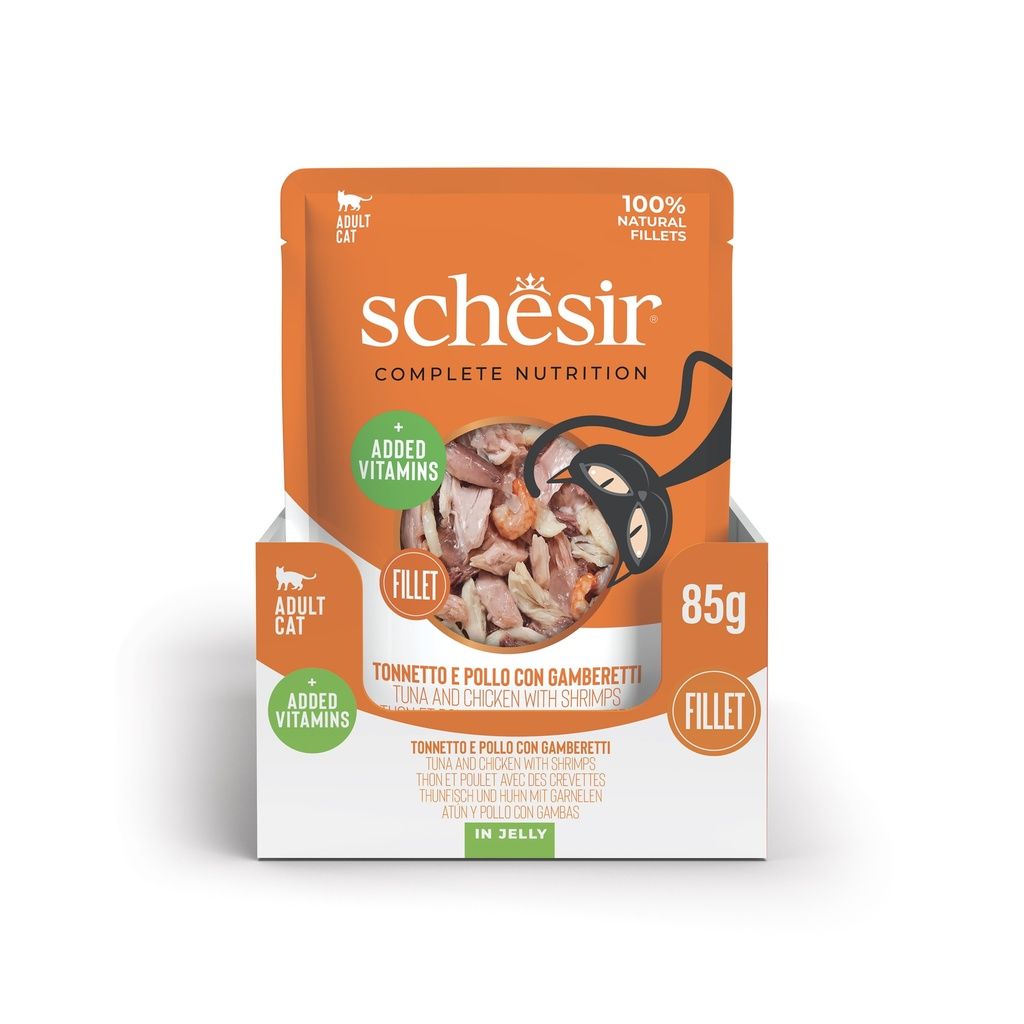 Schesir Cat Wet Food Tuna & Chicken with Shrimp 85g – 12 Pack Pouches, Complete & Balanced
