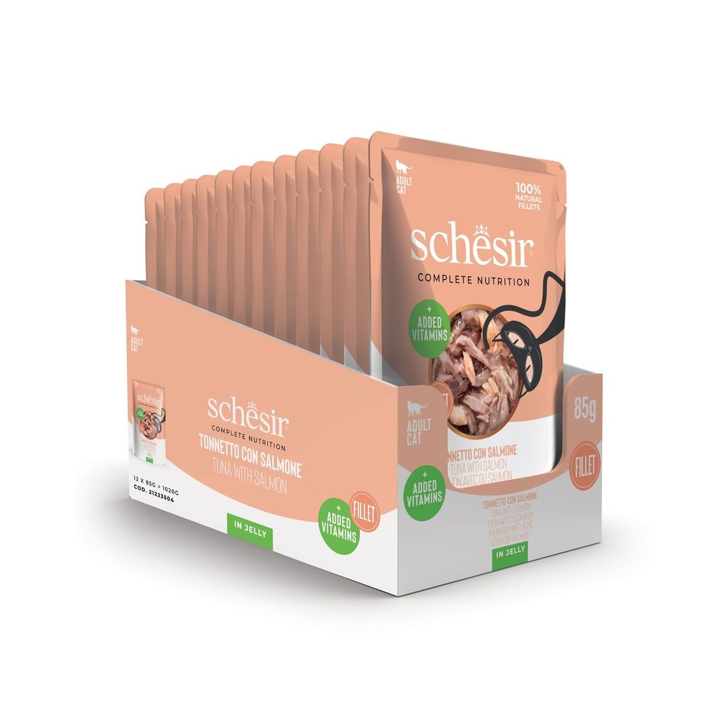 Schesir Cat Wet Food Tuna & Salmon 85g – 12 Pack Pouches, Complete & Balanced