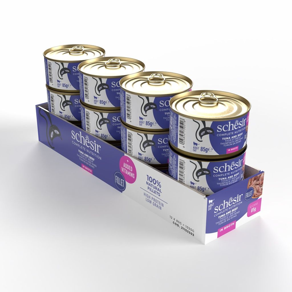 Schesir Cat Wet Food Tuna & Beef 85g – 12 Pack Cans, Complete & Balanced in Broth