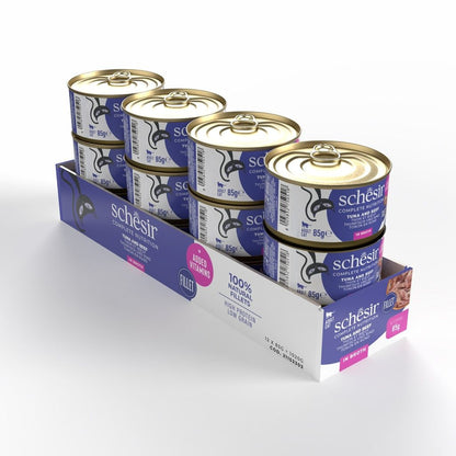 Schesir Cat Wet Food Tuna & Beef 85g – 12 Pack Cans, Complete & Balanced in Broth