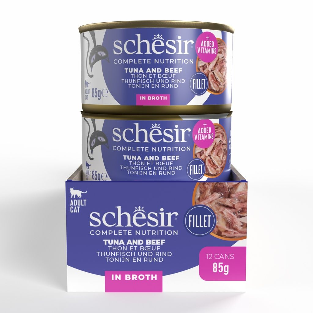 Schesir Cat Wet Food Tuna & Beef 85g – 12 Pack Cans, Complete & Balanced in Broth