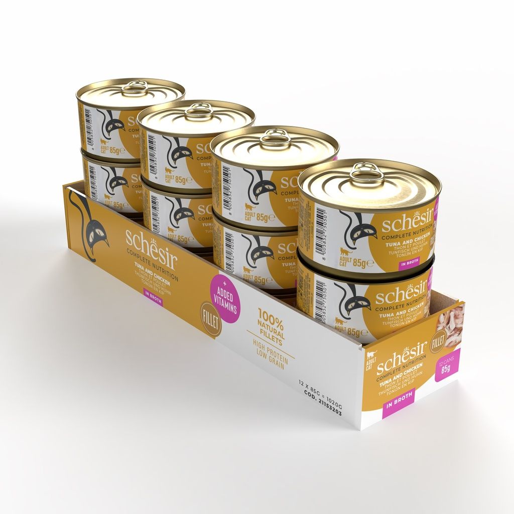 Schesir Cat Wet Food Tuna & Chicken 85g – 12 Pack Cans, Complete & Balanced in Broth