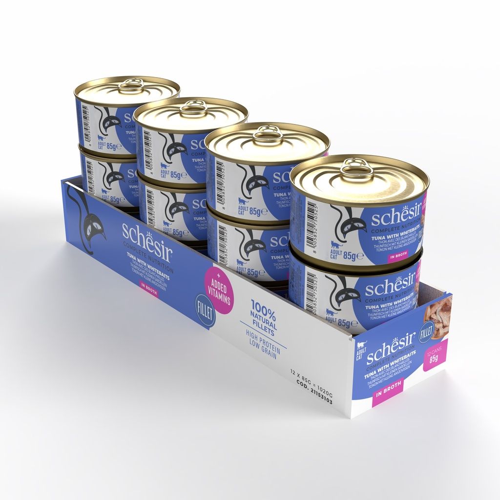 Schesir Cat Wet Food Tuna & Whitebait 85g – 12 Pack Cans, Complete & Balanced in Broth