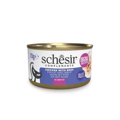 Schesir Cat Wet Food Chicken & Beef 70g – 12 Pack, Complements in Broth