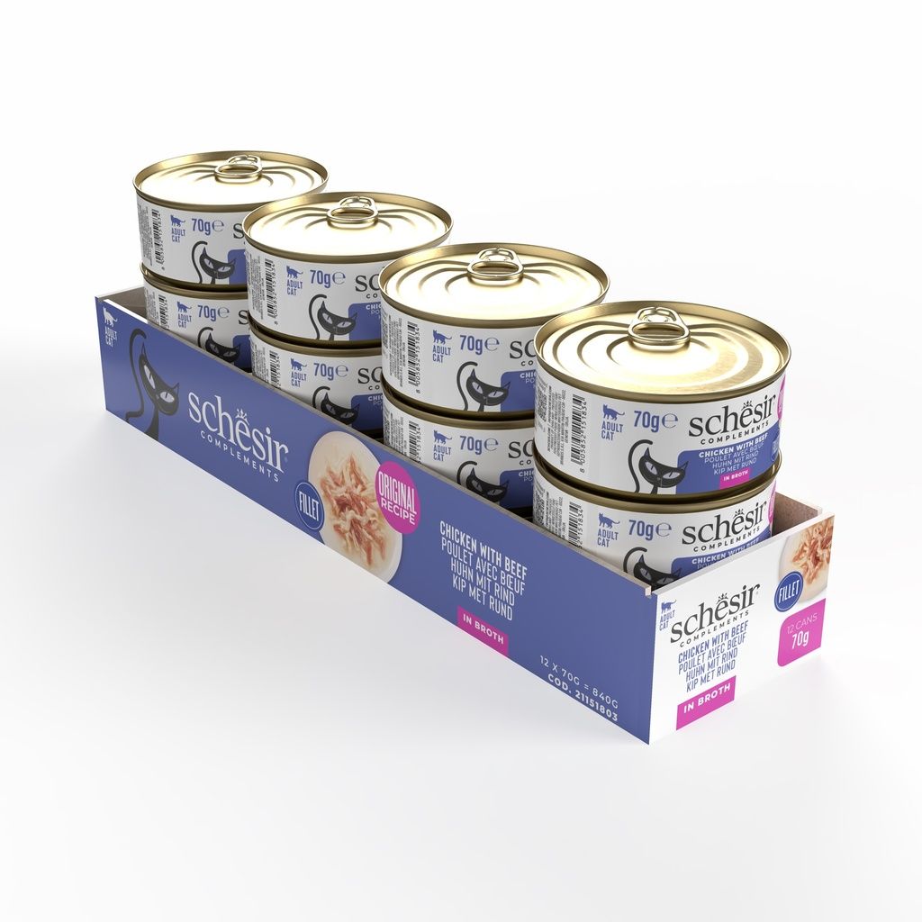 Schesir Cat Wet Food Chicken & Beef 70g – 12 Pack, Complements in Broth