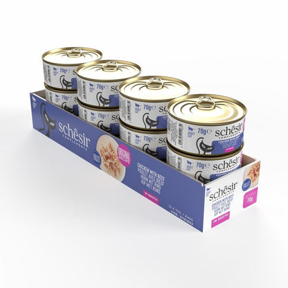 Schesir Cat Wet Food Chicken & Beef 70g – 12 Pack, Complements in Broth