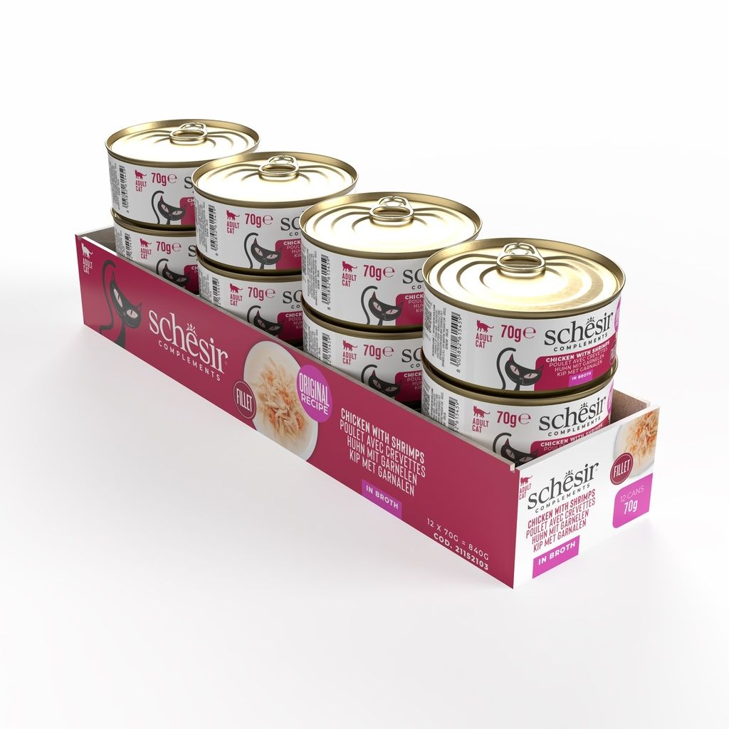 Schesir Wet Cat Food in Broth – Chicken & Shrimp 70g | 12 Pack Premium Meal
