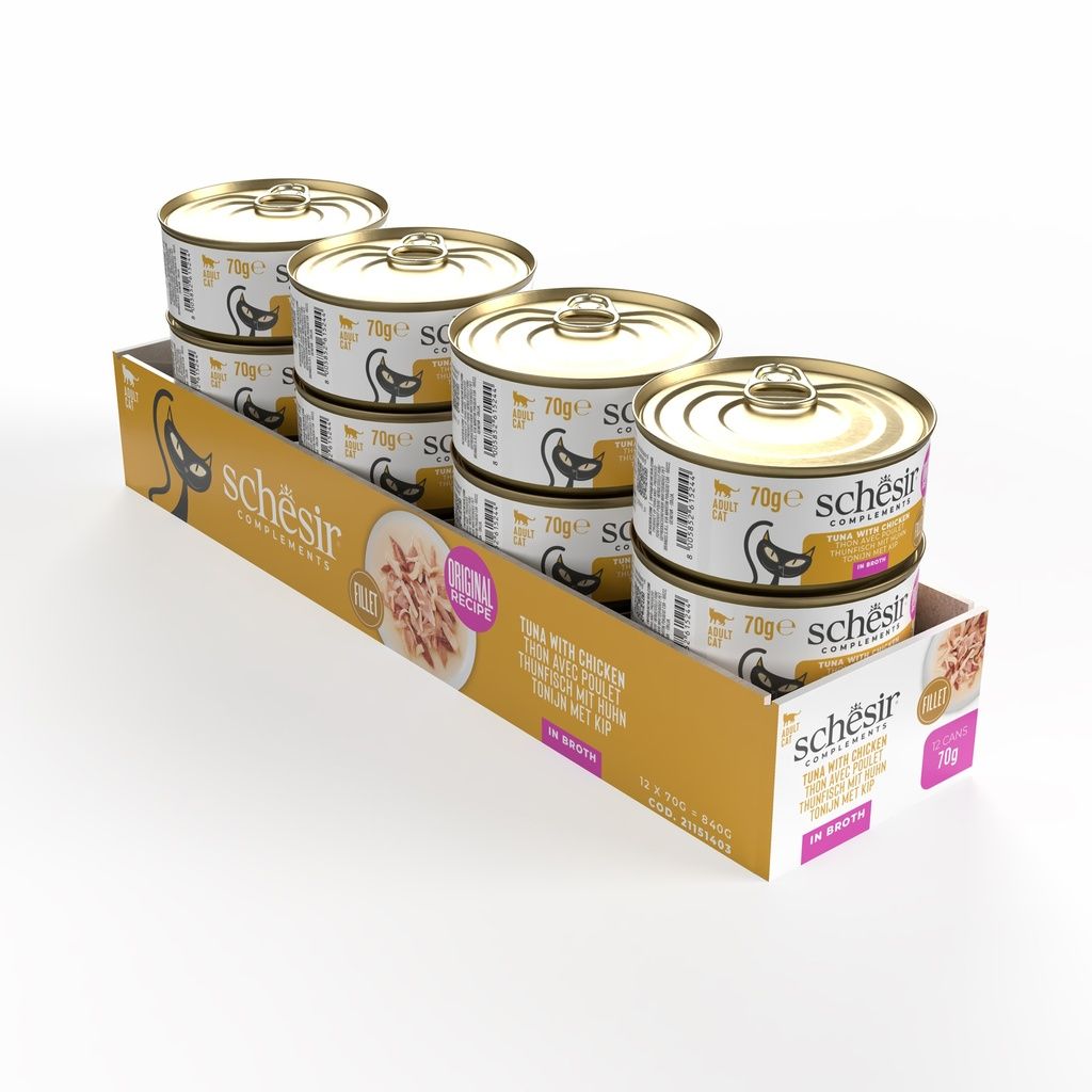Schesir Wet Cat Food in Broth – Tuna & Chicken 70g | 12 Pack Premium Meal