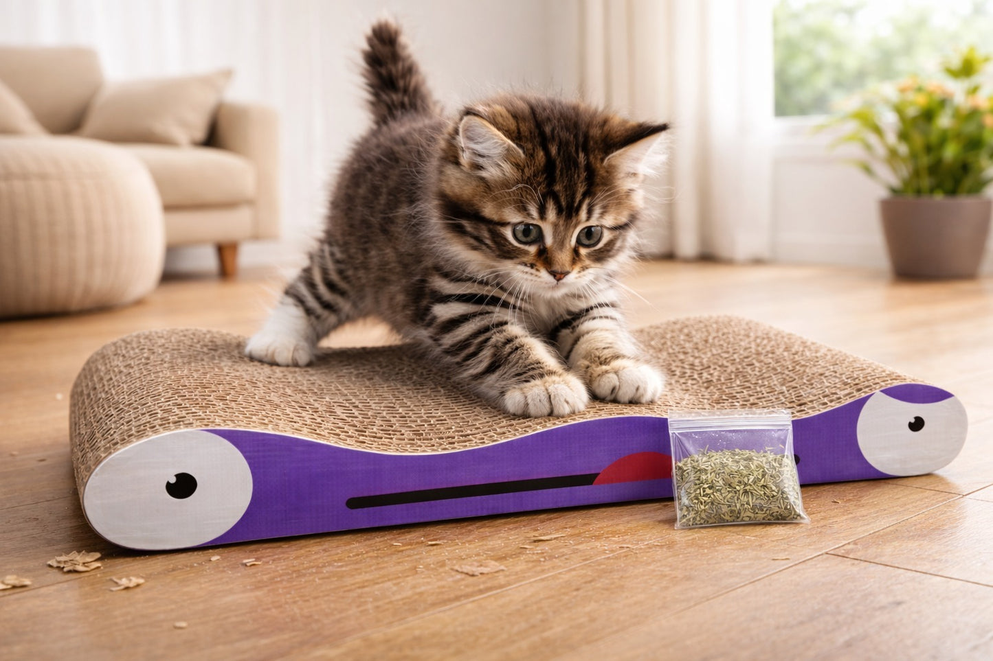 Petto Cat Scratcher 2-in-1 Board with Catnip | Purple Cardboard Scratching Pad for Cats | 43 × 23 × 6.5 cm