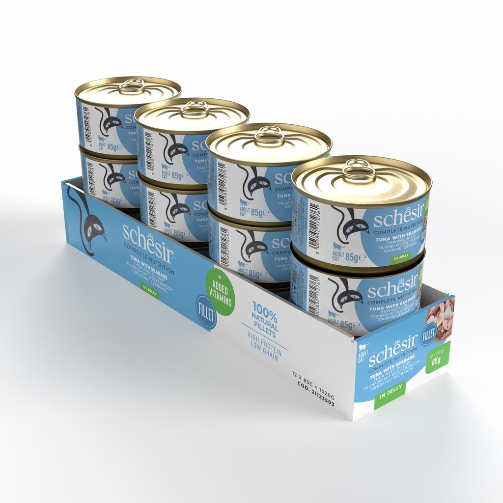 Schesir Wet Cat Food in Jelly – Tuna & Seabass 85g | 12 Pack Complete Nutrition