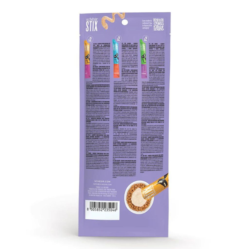 Schesir Stix Cat Treats – Mixed Flavors Chicken, Duck & Salmon, 6 Pack x 15g
