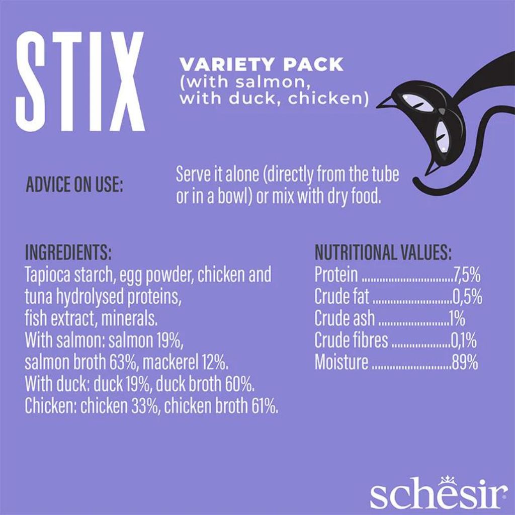 Schesir Stix Cat Treats – Mixed Flavors Chicken, Duck & Salmon, 6 Pack x 15g