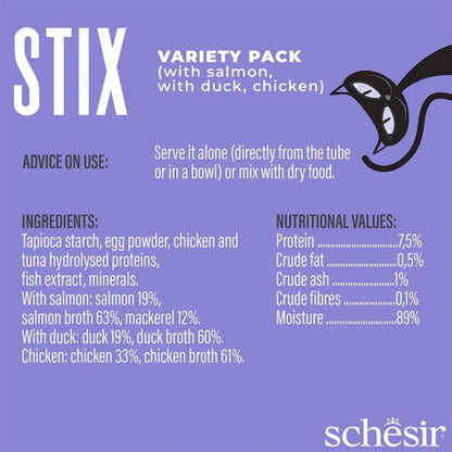 Schesir Stix Cat Treats – Mixed Flavors Chicken, Duck & Salmon, 6 Pack x 15g