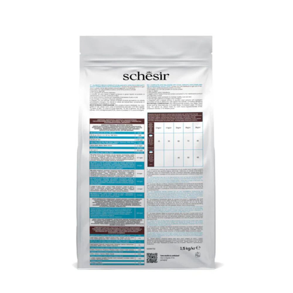 Schesir Cat Dry Food Sterilized & Light Fish 1.5 kg – Single Protein Weight Control Formula for Adult Cats