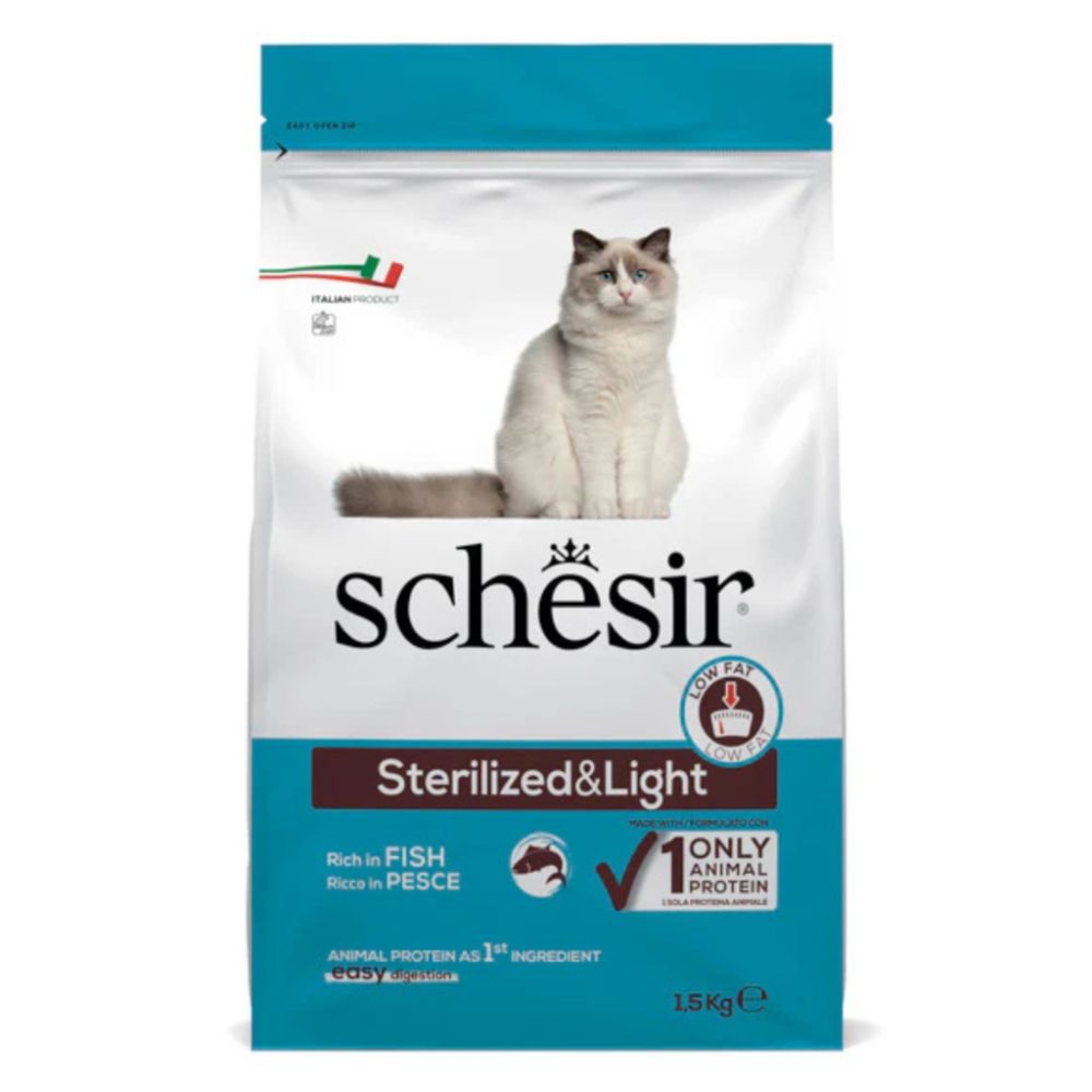 Schesir Cat Dry Food Sterilized & Light Fish 1.5 kg – Single Protein Weight Control Formula for Adult Cats