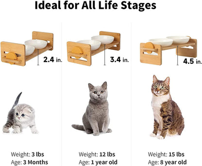 Elevated Ceramic Pet Bowl – Adjustable Wooden Stand, 4-Level Tilt for Cats & Small Dogs