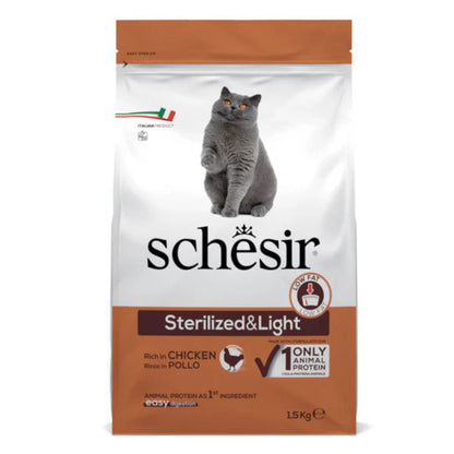 Schesir Cat Dry Food Sterilized & Light Chicken 1.5 kg – Single Protein Weight Control Formula for Adult Cats
