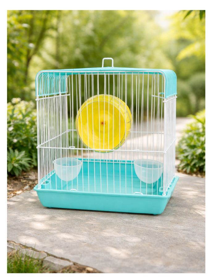 Compact Hamster Cage with Exercise Wheel, Metal Wire Design, Removable Base Tray, 22 × 16 × 19 cm