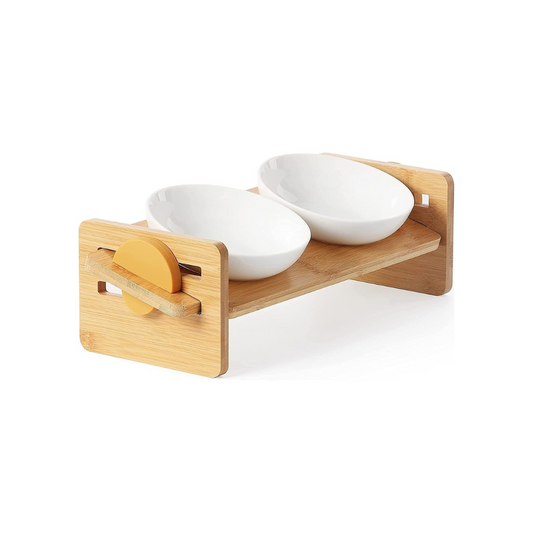 Elevated Ceramic Pet Bowl – Adjustable Wooden Stand, 4-Level Tilt for Cats & Small Dogs