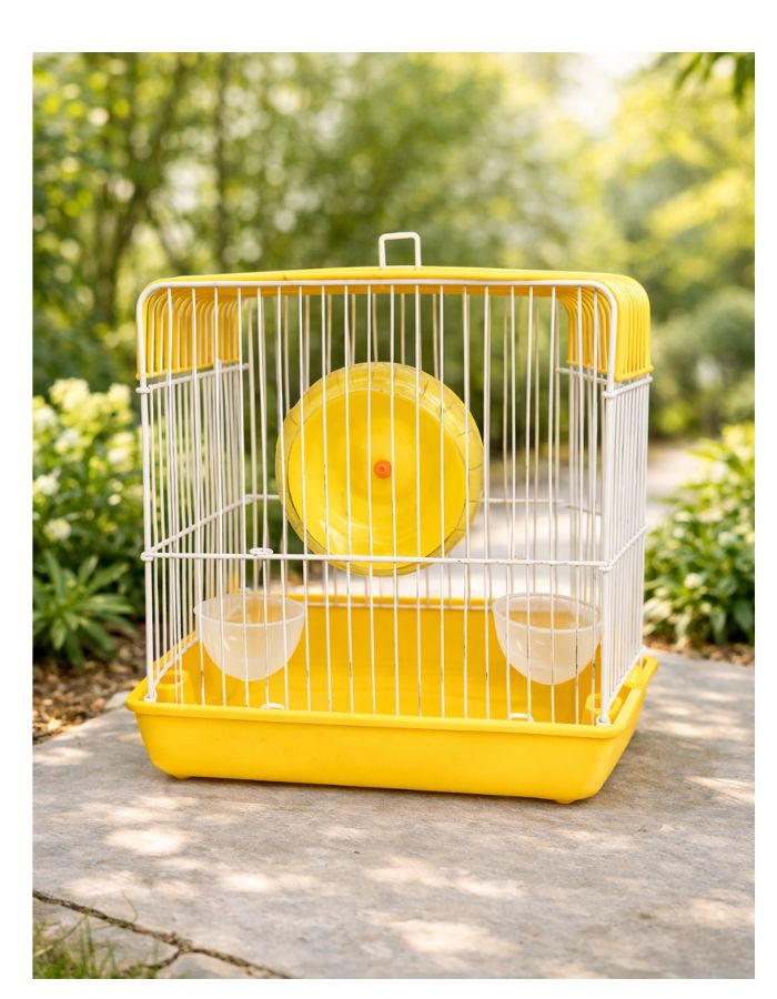 Compact Hamster Cage with Exercise Wheel, Metal Wire Design, Removable Base Tray, 22 × 16 × 19 cm