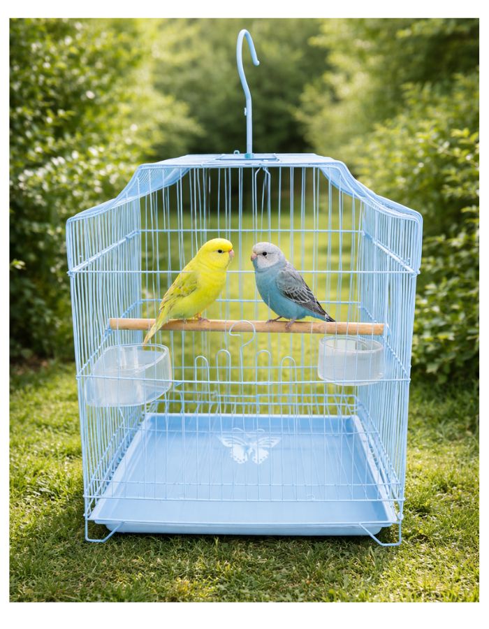 Metal Bird Cage for Small Birds with Perch & Feeding Cups, Hanging Design, 33 × 31 × 46 cm (Green / Blue / Pink)
