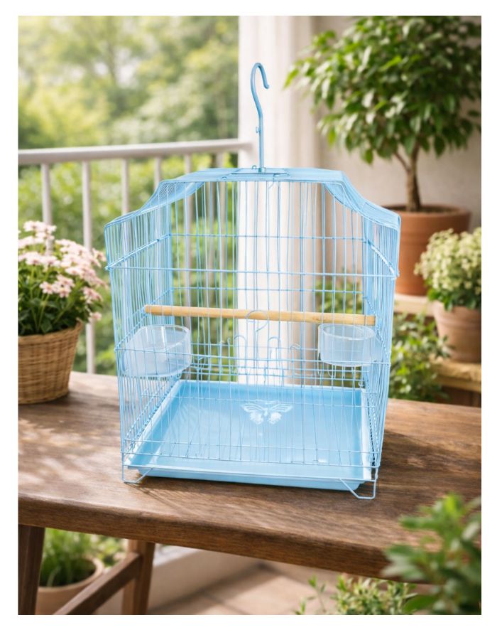 Metal Bird Cage for Small Birds with Perch & Feeding Cups, Hanging Design, 33 × 31 × 46 cm (Green / Blue / Pink)