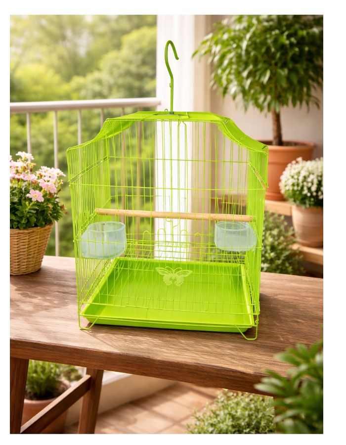 Metal Bird Cage for Small Birds with Perch & Feeding Cups, Hanging Design, 33 × 31 × 46 cm (Green / Blue / Pink)