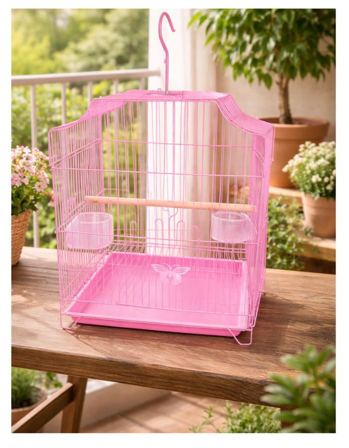 Metal Bird Cage for Small Birds with Perch & Feeding Cups, Hanging Design, 33 × 31 × 46 cm (Green / Blue / Pink)