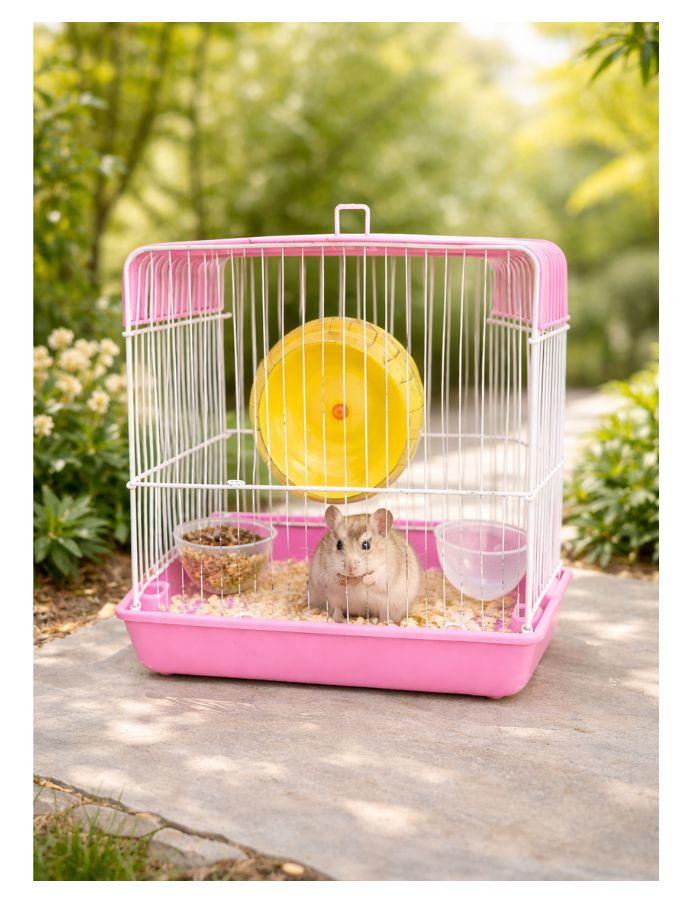 Compact Hamster Cage with Exercise Wheel, Metal Wire Design, Removable Base Tray, 22 × 16 × 19 cm