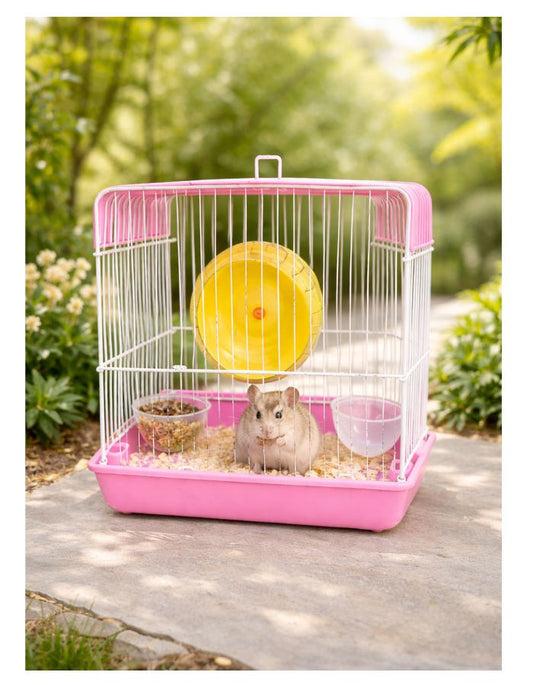 Compact Hamster Cage with Exercise Wheel, Metal Wire Design, Removable Base Tray, 22 × 16 × 19 cm